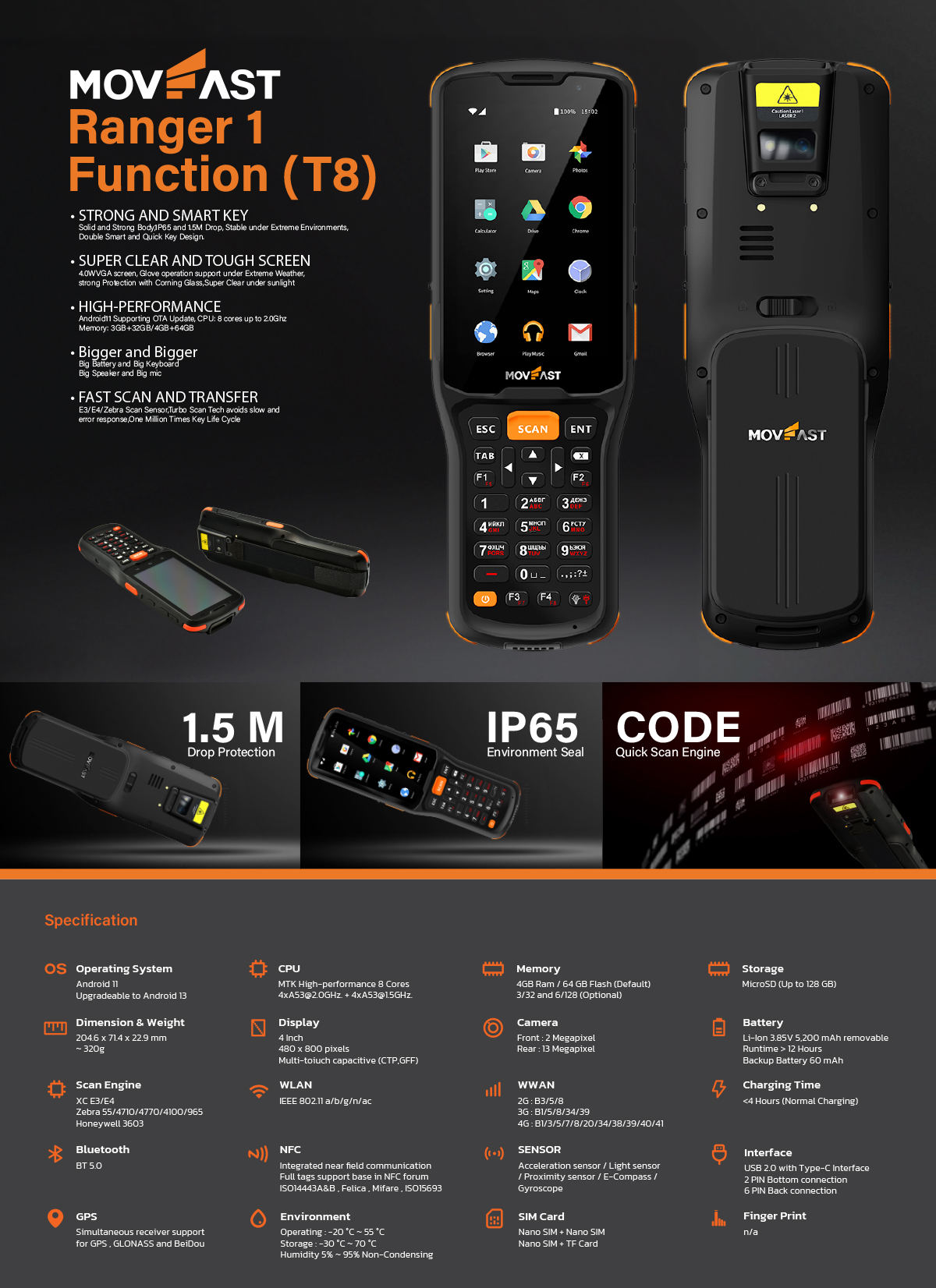 Ranger 1 Function (T8) Hand-held Android POS Machine