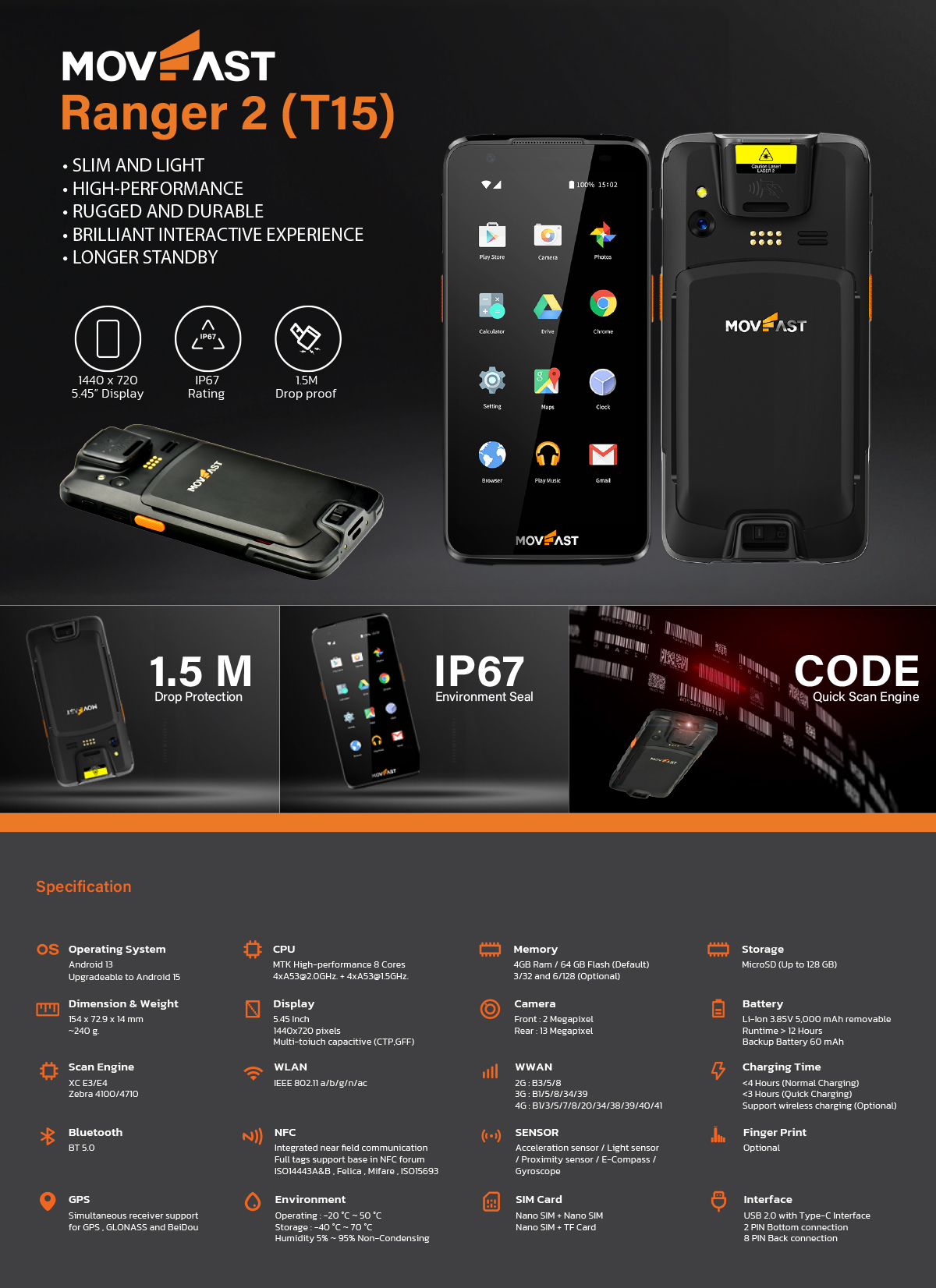 Ranger 2 T15 Hand-held Android POS Machine